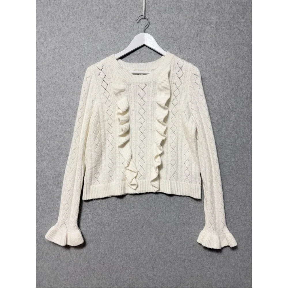 Francesca's Lorain Ruffled Pointelle Sweater Size Large Ivory Cozy Flounce Cuff
